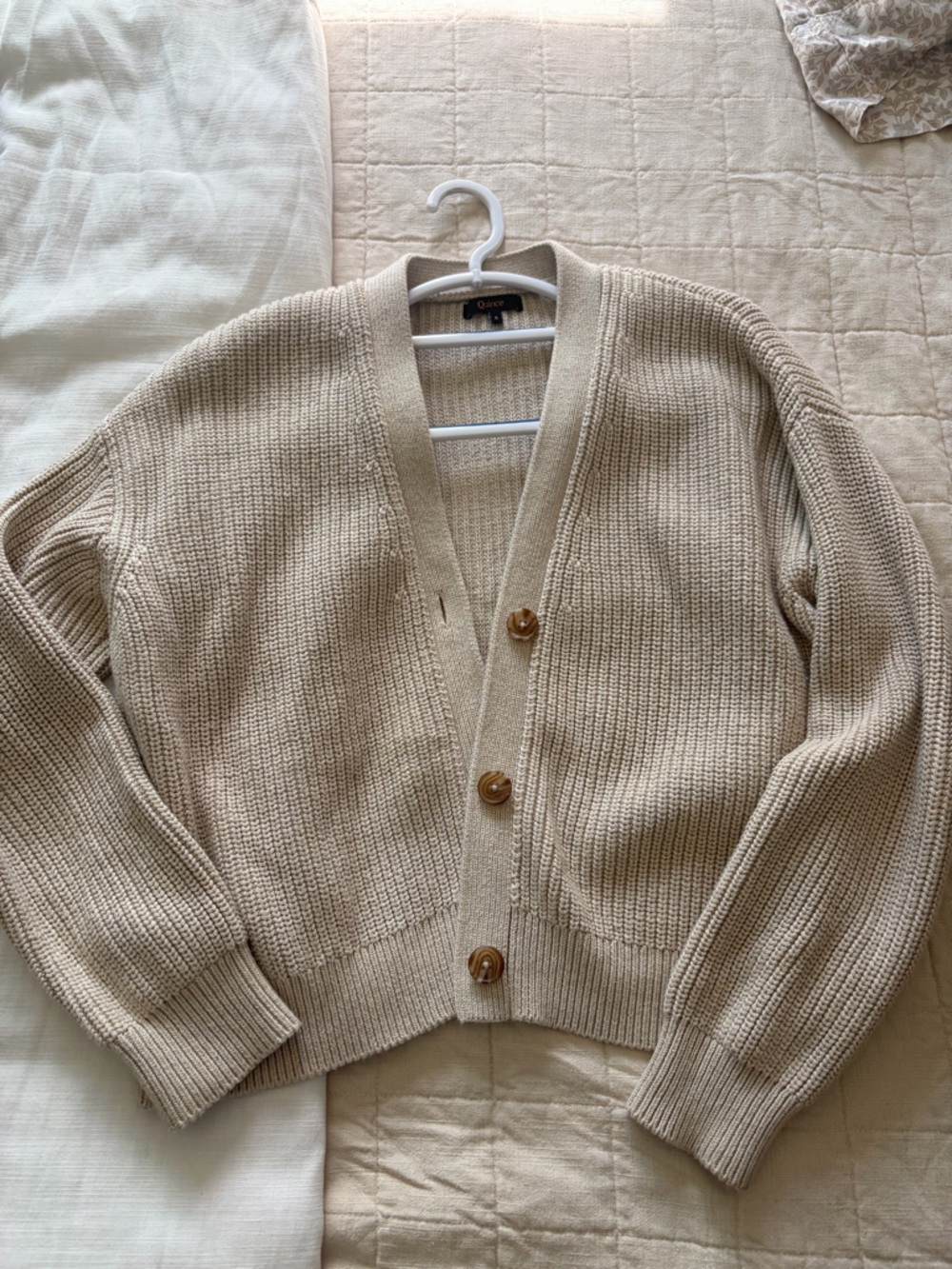 Quince Beige Chunky V-Neck Button Cardigan